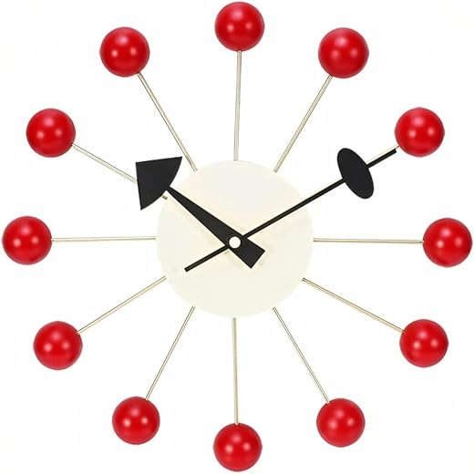 Mid Century Wall Clock -Replica George Nelson Ball Clock for Retro Modern Decor (13") (Red)