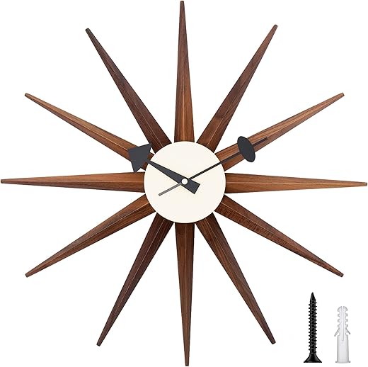 Mid Century Wall Clock - Wooden Starburst Clock Replica George Nelson Sunburst Clock for Decorative Office Wall Living Room (Walnut 19)