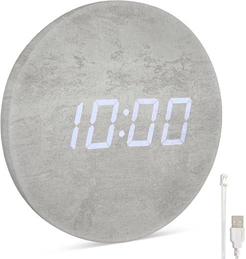 Minimalist LED Digital Wall Clock – USB Powered | Grey Concrete Style | 12/24 Hour, Night Mode, Silent Clock | Room Decor for Kitchen, Living Room, Bedroom, Classroom, Office (9 in)