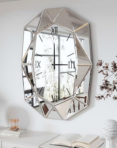 Mirrored Wall Clock Decorative: Large Oval Diamond Shape Silver Vanity with Silver Glass Mirror Beveled Frame Edge 40x28 inch Modern Home Art Deco for Living Room Dining Room