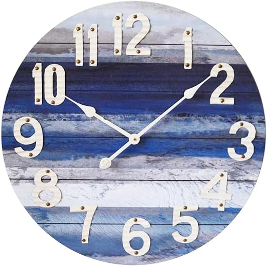 MODE HOME Beach Blue 24 Inch Large Wall Clock, Rustic Vintage Beach Wall Decor Coastal Decor Nautical Decor, Silent Battery Operated with Large Numerals for Kitchen, Living Room, Bathroom, Bedroom