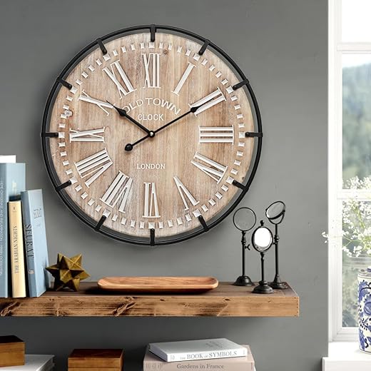 MODE HOME Large Farmhouse Wall Clock, 24 Inch Rustic Wooden Wall Clock Decorative with Metal Circle and Engraved Numerals, Silent Battery Operated for Kitchen Bedroom Living Room Fireplace Mantel