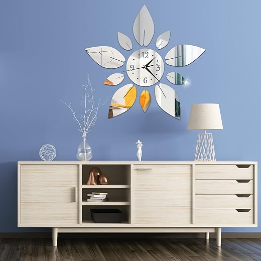 Modern Flowers Digital 3D Large Wall Clock Mirror Stickers Self-Adhesive Acrylic Crystal Decals DIY Silent Petal Combo Art Clocks Decoration for Home Apartment Office (Silver)