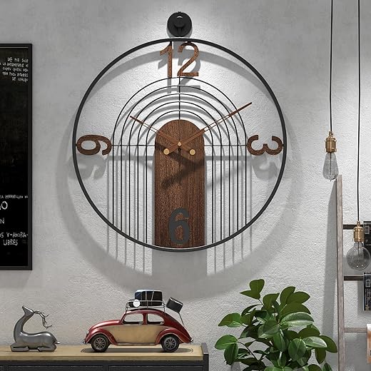 Modern Large Walnut Dial Wall Clock, Wood Metal Frame Silent Non Ticking Wall Clocks Decoration for Living Room, Bedroom, Kitchen, Study, Handmade Home Decor Present Idea, 22 Inch