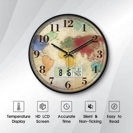 Modern Round Retro Digital and Analog Wall Clock Silent Calendar Colorful Wor...