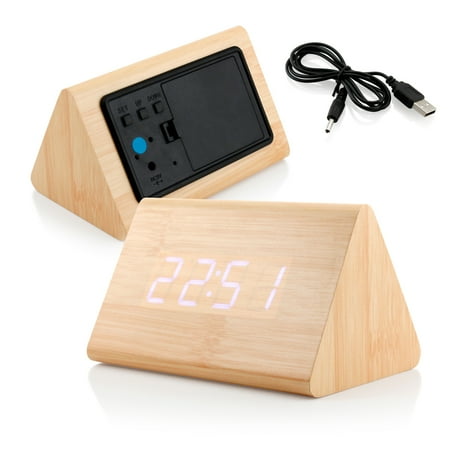 Modern Triangle Wood LED Wooden Alarm Desk Clock Thermometer Classical Timer Calendar