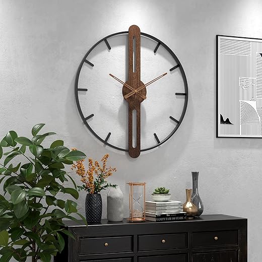 Modern Walnut Dial Wall Clock, Wood Large Wall Clock Decor Metal Frame Silent Non Ticking for Living Room, Bedroom, Kitchen, Study Decoration, Handmade Home Present Idea, 24 in （60 cm）