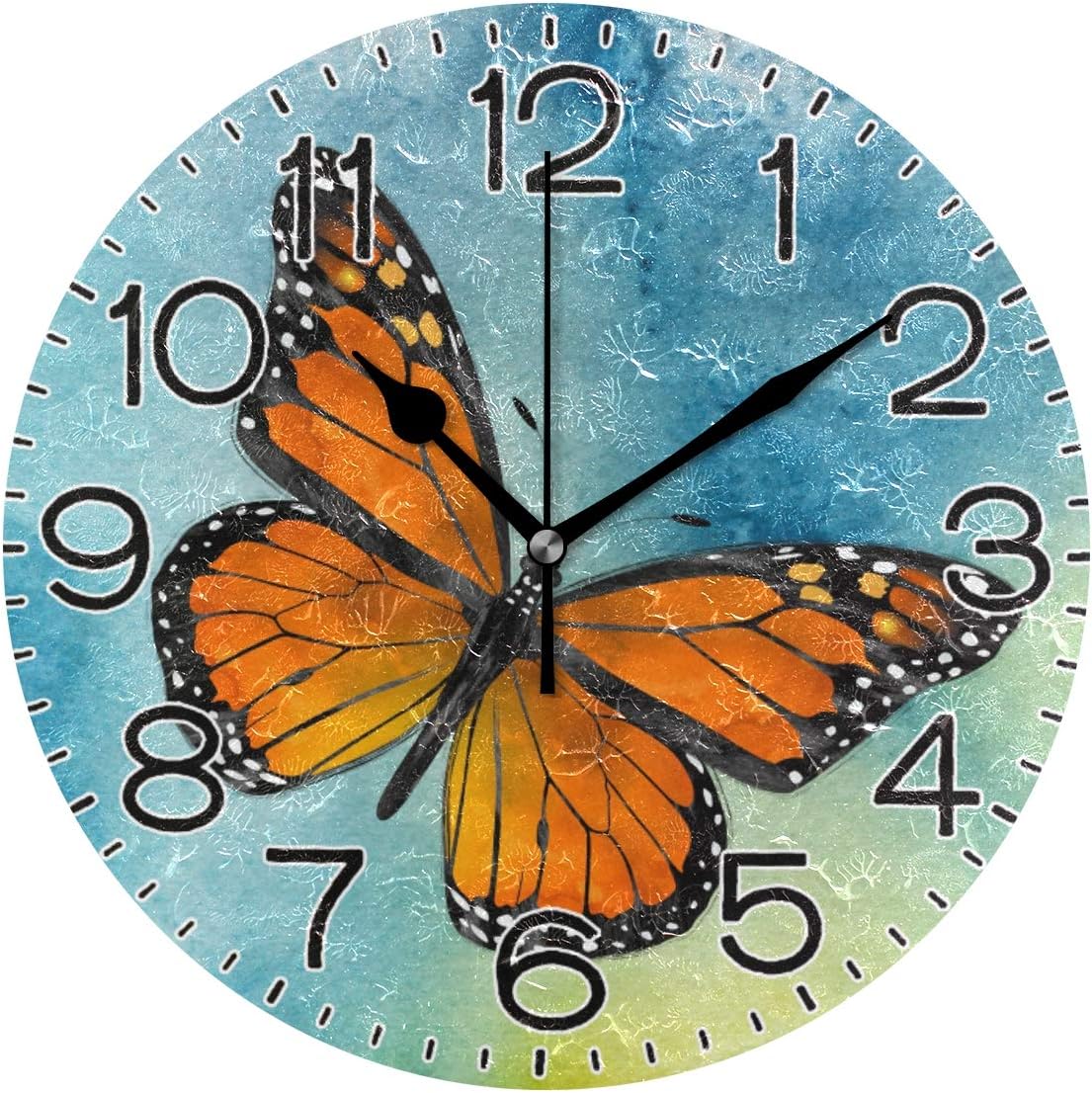 Monarch Butterfly Wall Clock Battery Operated Non Ticking Silent Quartz Analog Rustic Farmhouse Round Clock Retro Decor for Home Kitchen Living Room Bathroom