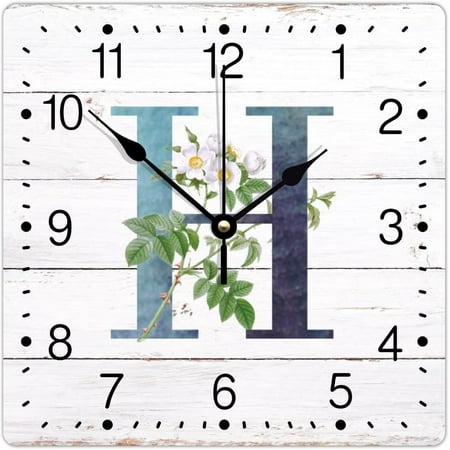 Monogram Initial H Blue Square Pvc Wall Clock Alphabet White Floral Wall Clock Monogram Letter 10In Battery Operated Artistic Numeral Clocks For Living Room Bedroom Kitchen Wall Decor