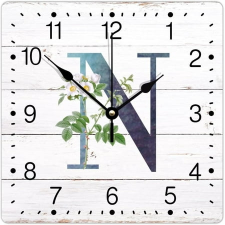 Monogram Initial N Blue Square Pvc Clock Alphabet White Floral Wall Clock Family Name 10In Battery Operated Artistic Numeral Clocks For Living Room Bedroom And Kitchen Office