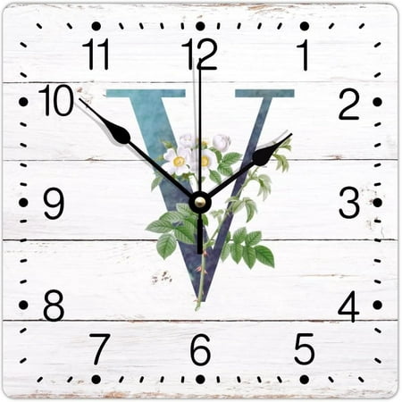 Monogram Initial V Blue Square Pvc Clock Alphabet White Floral Frameless Clocks Last Name 10In Battery Operated Artistic Frameless Clocks For Home Living Room Office School Bedroom