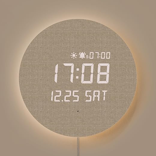 mooas Full Moon LED Silent Wooden Digital Wall Clock with Remote Control, Backlight Nightlight Digital Wood Wall Clock, Sunrise Alarm Melody, 5 Level Brightness Modern Decorative Office Livingroom