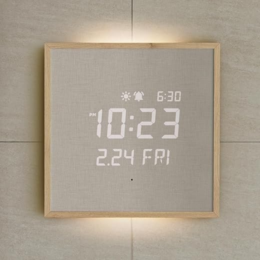 mooas Wooden Frame LED Silent Wall Clock with Remote Control, Backlight Nightlight Digital Wood Wall Clock (Light Wood) (Wooden Frame)