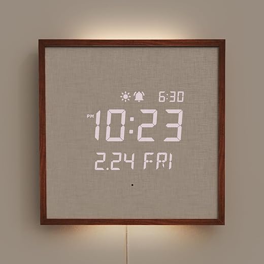 mooas Wooden Frame LED Silent Wall Clock with Remote Control, Backlight Nightlight Digital Wood Wall Clock (Dark Wood) (Wooden Frame)