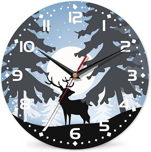 Moonlight Elk Deer Wall Clock, Contemporary Home Decor Easy to Read Wall Clock for Living Room, Bedroom, Bathroom and Kitchen, 10 Inch