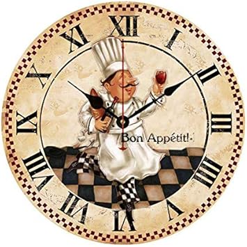 Moonluna Bon Appetit Italian Cooking Chef Drink Wine Antique Wooden Clock Battery Operated Silent Non-Ticking 12 Inches Wall Clock