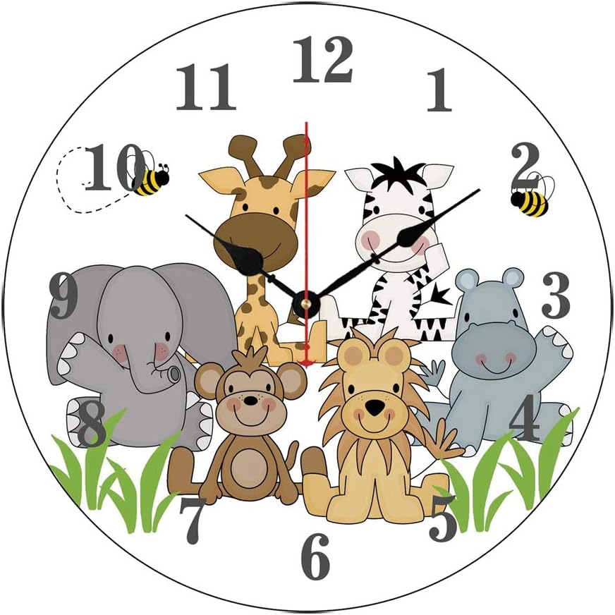 Moonluna Safari Jungle Animals Nursery Wooden Clock for Kids Living Room Bedroom Kitchen Home Decor 12 Inches