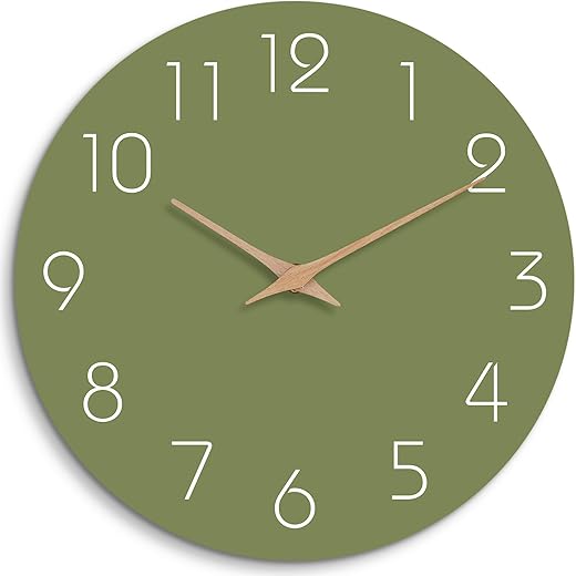 Mosewa Modern Wall Clock - Silent Non-Ticking 10 Inch Wall Clocks Battery Operated Simple Minimalist for Living Room Office Bedrooms Kitchen Home Decor(Olive Green)