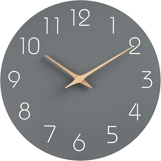 Mosewa Wall Clock 8 Inch Gray Wall Clocks Battery Operated Silent Non-Ticking, Simple Modern Wood Clock Decorative for Bedroom, Living Room, Kitchen, Home Office