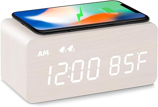 MOSITO Digital Wooden Alarm Clock with Wireless Charging, 0-100% Dimmer, Dual Alarm, Weekday/Weekend Mode, Snooze, Wood LED Clocks for Bedroom, Bedside, Desk, Kids (White)