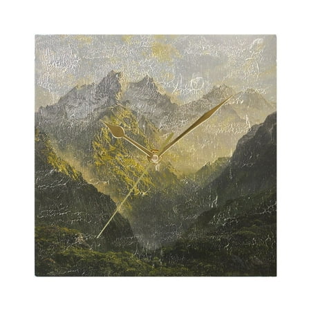 Mountains with Forest Sunbeam Oil Painting Wall Clock Battery Operated Square Gold Pointer Home Decor for Living Room Bedroom 7.78 x 7.78