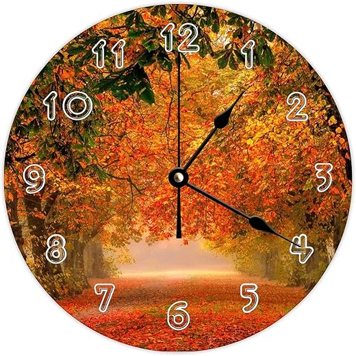 Mousus Round Nature Scenery Wall Clock - Autumn Trees Nature Fall Leaves Path Natural Theme Wall Clocks for Kitchen, Office, Bedroom Decorative Hanging Clock, 12 Inches