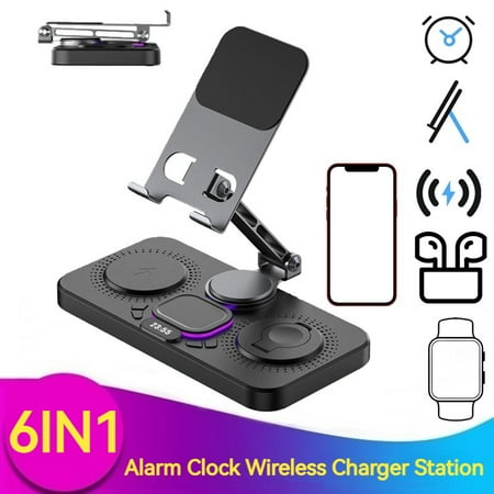 Multifunctional Alarm Clock Atmosphere Light Wireless Charger Stand for Iphone 12 13 14 15 Pro Max For airpods Pro For Apple Watch Ultra