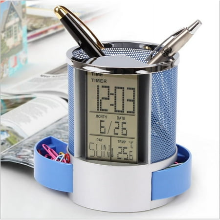 Multifunction Electronic Clock Perpetual Calendar Pen Holder Desk Office Organizer