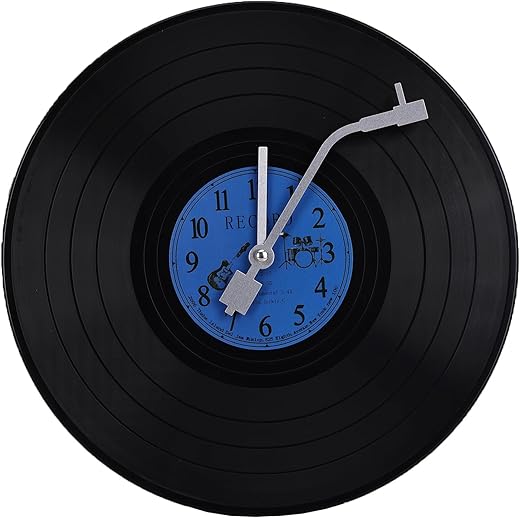 Musical Black Vinyl Record Wall Clock Battery Operated Music Room Decor Decoration Art Hanging Clocks- 11.81inch Blue