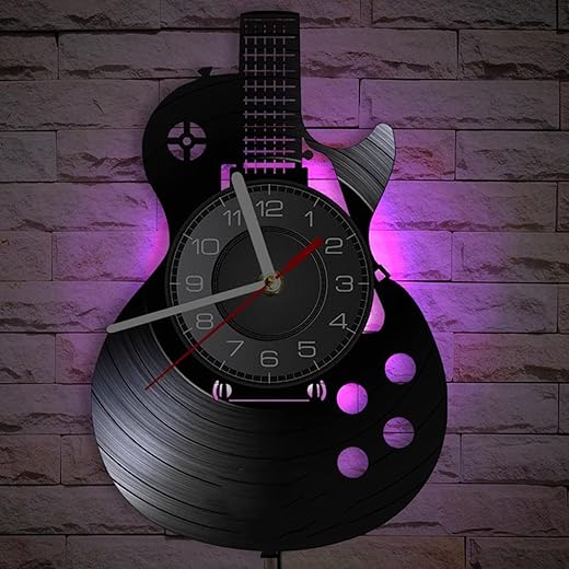 Music Vinyl Record Wall Clock,Creative Guitar Gifts for Men 7 Kinds LED Color Night Lamp Clock 12'' Handmade Art Home Decor Music Instrument Wall Clock for Living Room,Music Studio(B-LED)