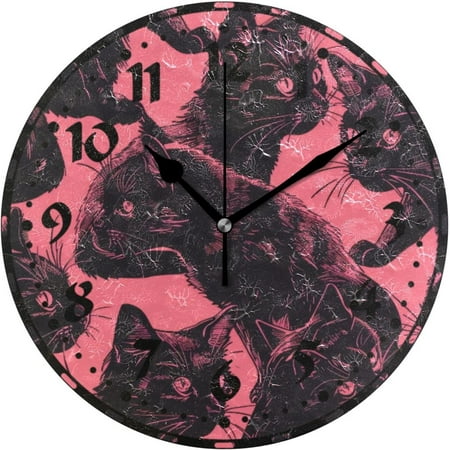 Myst Design Cat Pattern Pink Wall Clock, Silent Non Ticking 10 Inch Battery Operated Wall Clocks, Easy to Read Clock for Home Kitchen Living Room Bathroom Office Decor