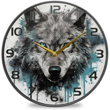 Myst Design Graffiti Wolf Head Round Wall Clock, Home Creative Clock, 9.5 Inch Silent Wall Clock for Home, Bedroom, Living Roomation