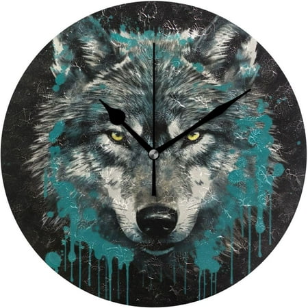 Myst Design Graffiti Wolf Head Wall Clock, Round Silent Wall Clock, 9.84 inches for Living Room, Kitchen, Bedroom