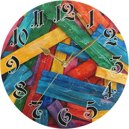 Myst Design Wall Clock - Silent Non-Ticking, Battery Operated, 10 Inch Colorful Craft Sticks Clock Decorative for Home, Bedroom, Living Room - Modern Wall Clock