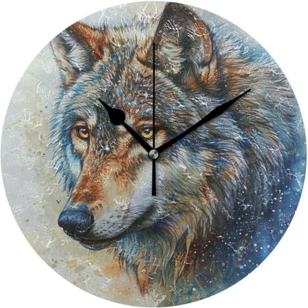 Myst Design Watercolor Wolf Head Wall Clock, Round Silent Wall Clock, 9.84 inches for Living Room, Kitchen, Bedroom