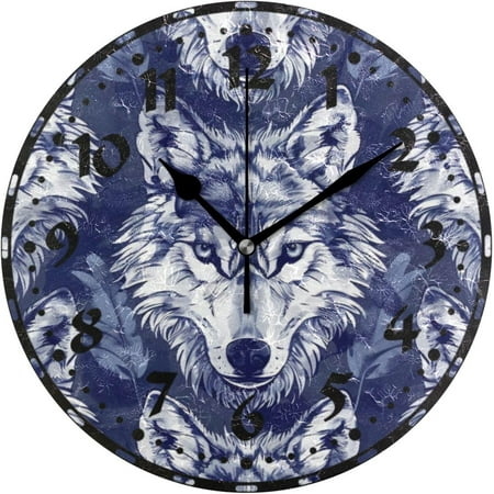 Myst Design Wolf Totem Pattern Wall Clock, Silent Non Ticking 10 Inch Battery Operated Wall Clocks, Easy to Read Clock for Home Kitchen Living Room Bathroom Office Decor