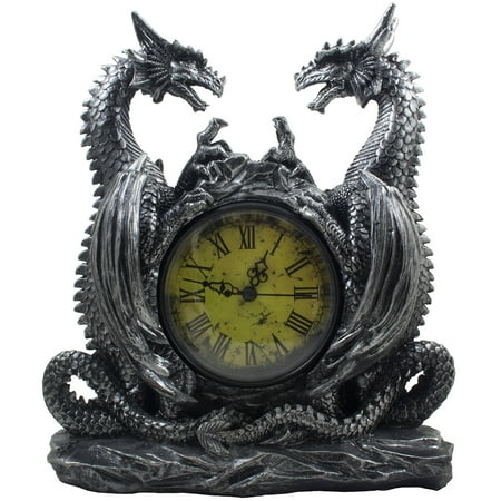 Mythical Dragon Duo Antique Look Desk Clock with Roman Numerals for Medieval Décor by Home 'n Gifts