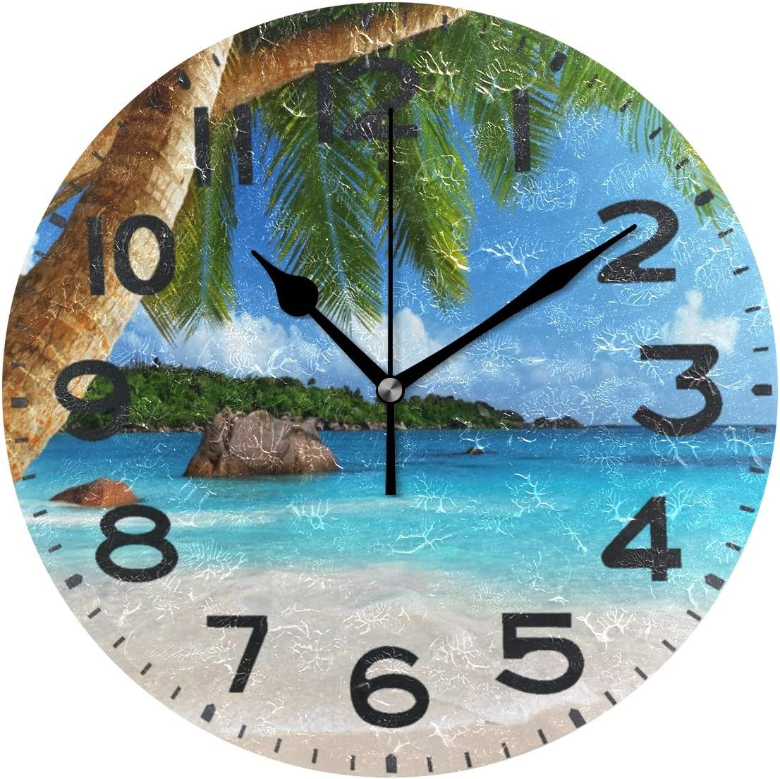 Naanle 3D Beautiful Summer Beach Palm Tree Print Retro Round Wall Clock Decorative, 9.5 Inch Battery Operated Quartz Analog Quiet Desk Clock for Home,Office,School