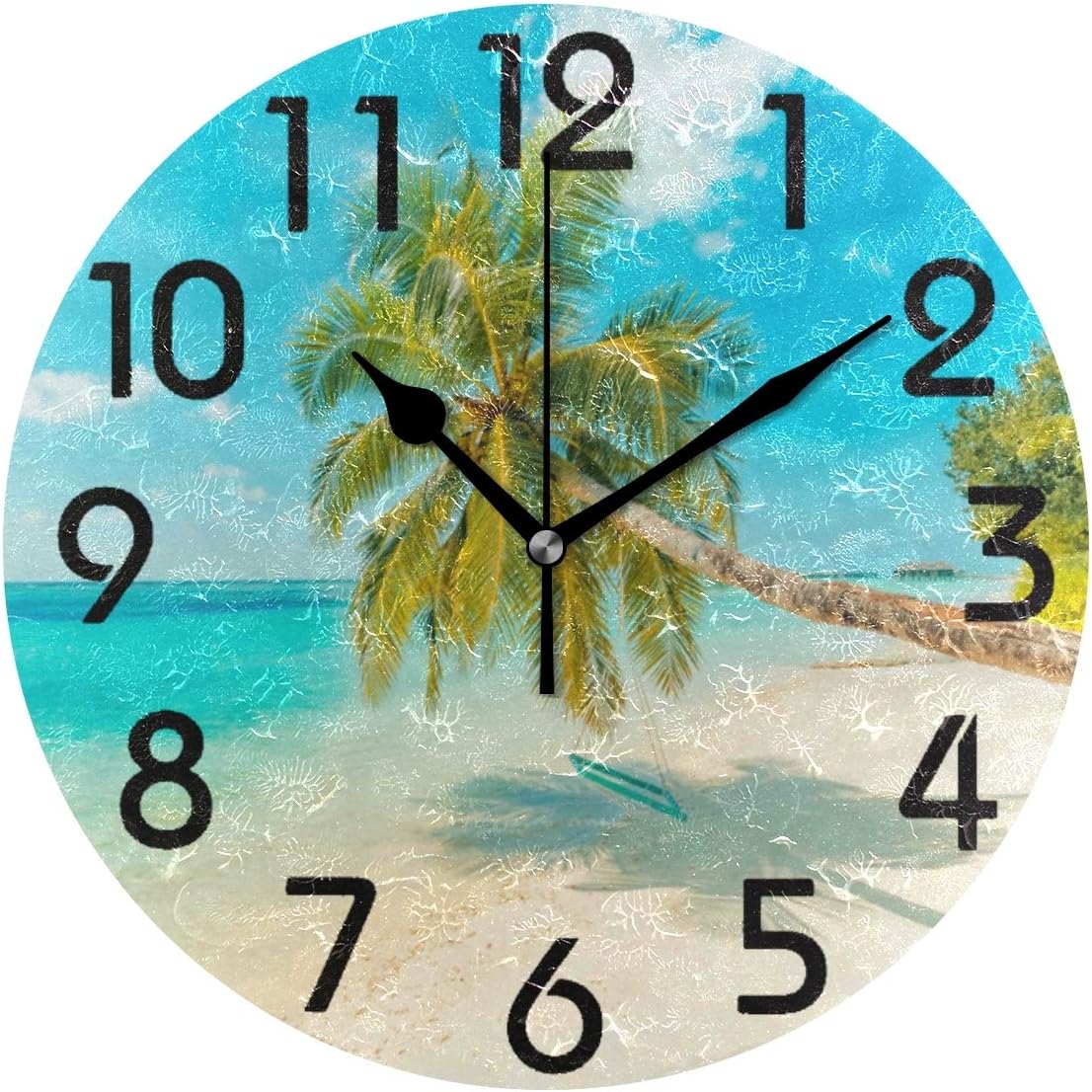 Naanle 3D Fresh Tropical Summer Beach Palm Tree Print Round Wall Clock Decorative, 9.5 Inch Battery Operated Quartz Analog Quiet Desk Clock for Home,Office,School