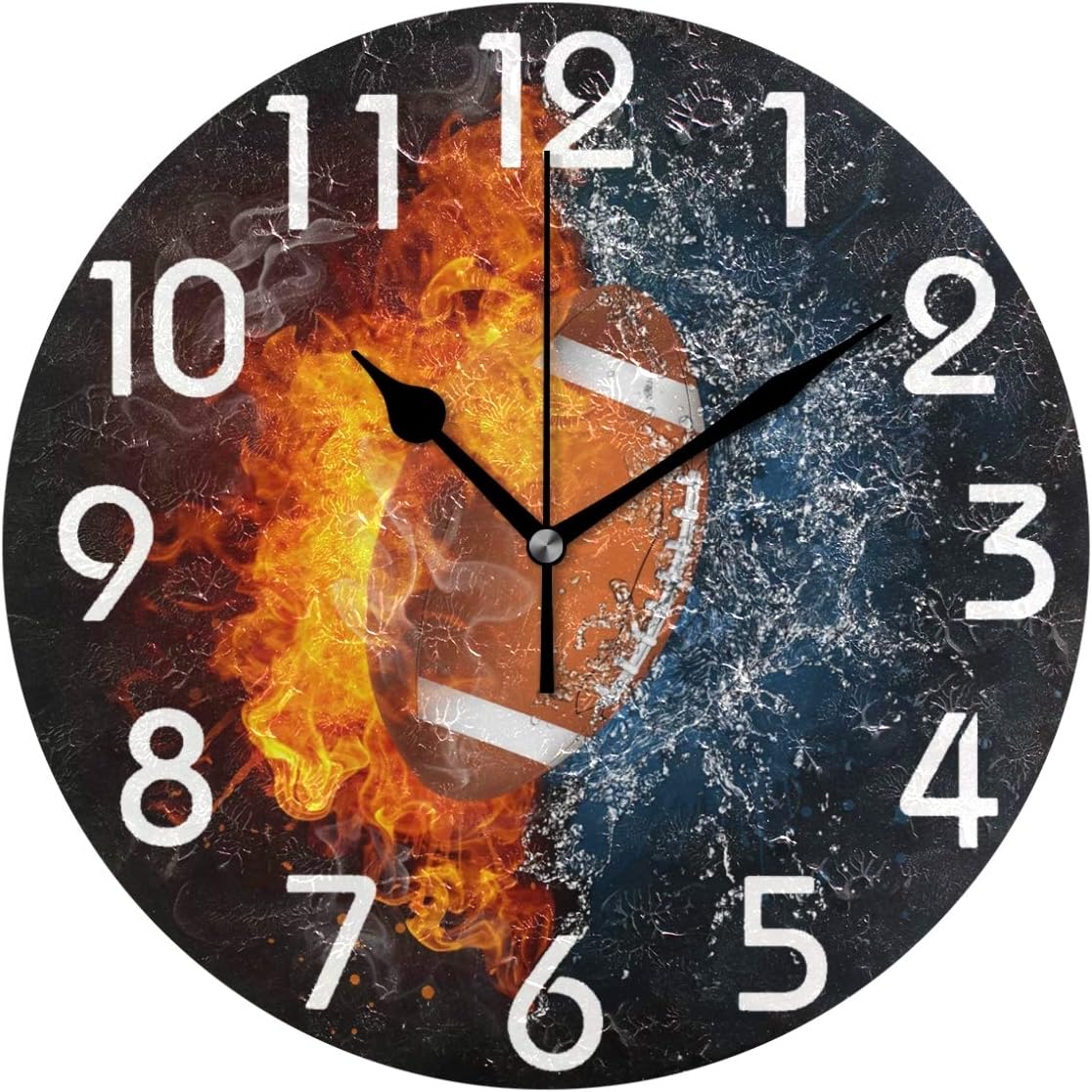 Naanle 3D Magic American Football in Fire ans Water Print Round Wall Clock, 9.5 Inch Battery Operated Quartz Analog Quiet Desk Clock for Home,Office,School