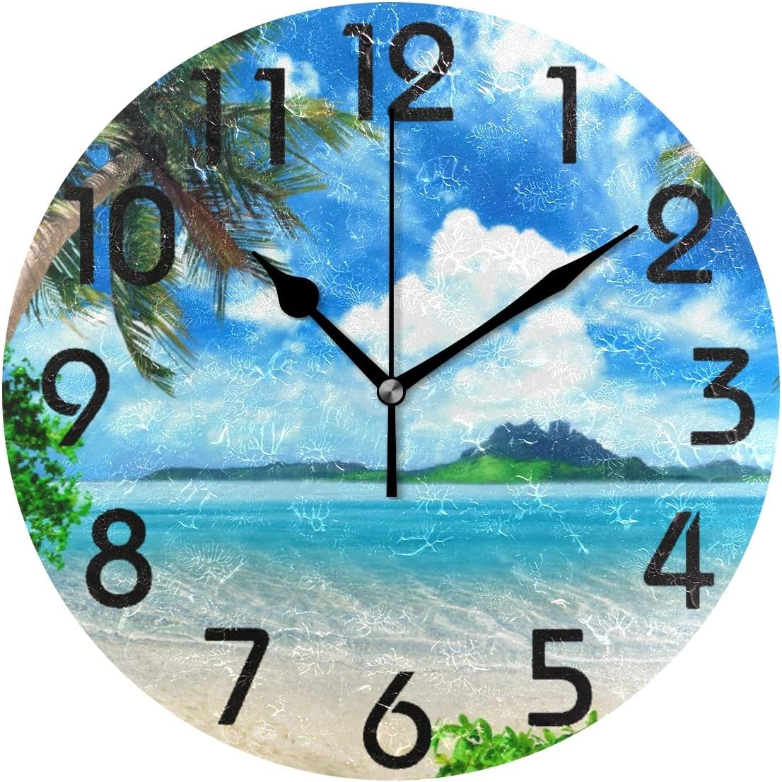 Naanle 3D Stylish Tropical Palm Tree Island Summber Bach Print Round Wall Clock Decorative, 9.5 Inch Battery Operated Quartz Analog Quiet Desk Clock for Home,Office,School