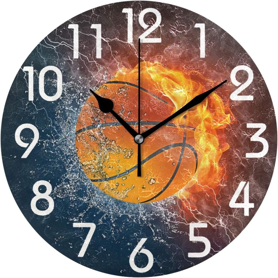 Naanle Chic 3D Cool Basketball in Magic Splashed Fire and Water Round Wall Clock Decorative, 9.5 Inch Battery Operated Quartz Analog Quiet Desk Clock for Home,Office,School