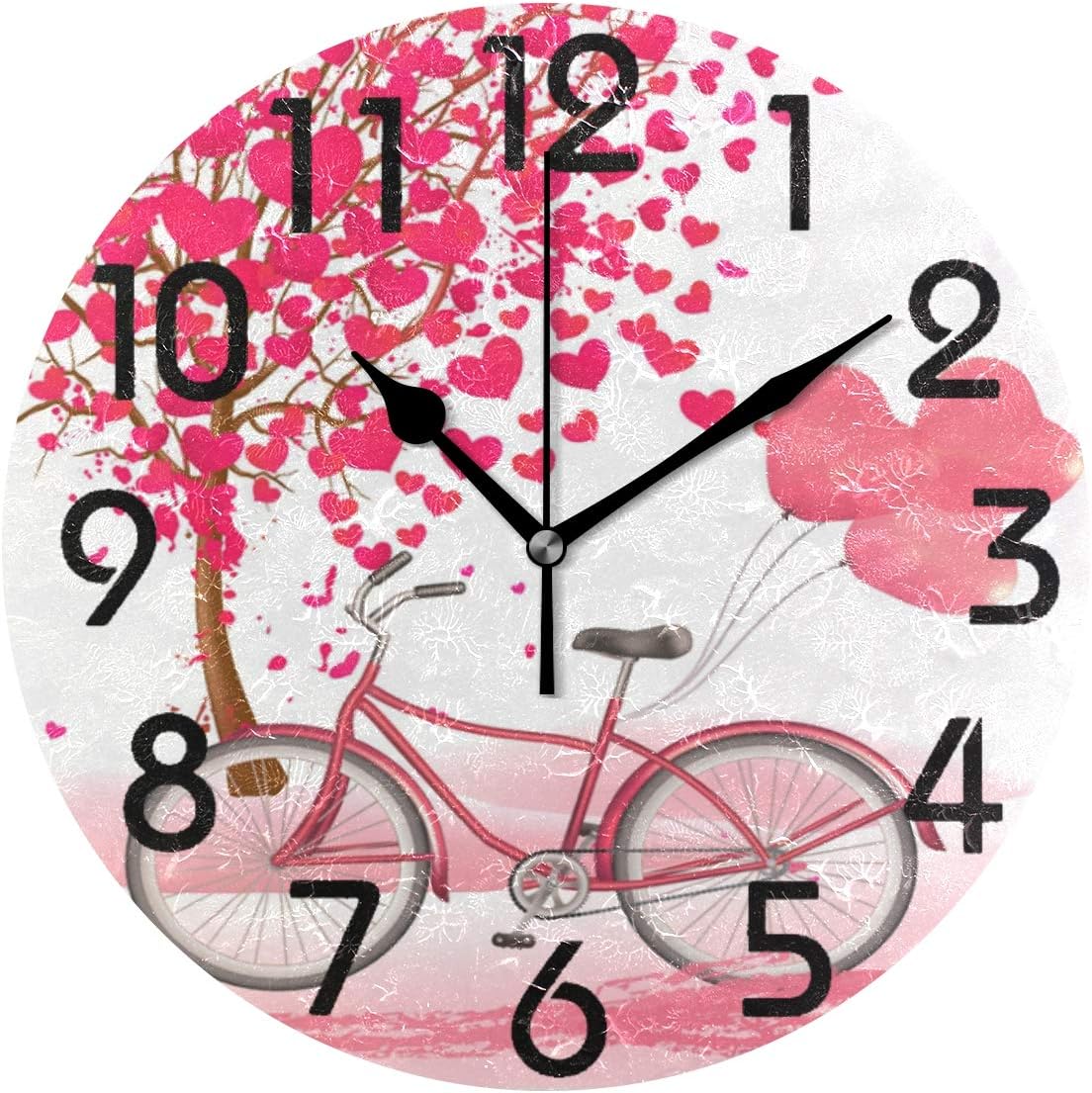 Naanle Chic Valentine's Day Romantic Heart Trees Bicycle Round Wall Clock, 9.5 Inch Battery Operated Quartz Analog Quiet Desk Clock for Home,Kitchen,Office,School