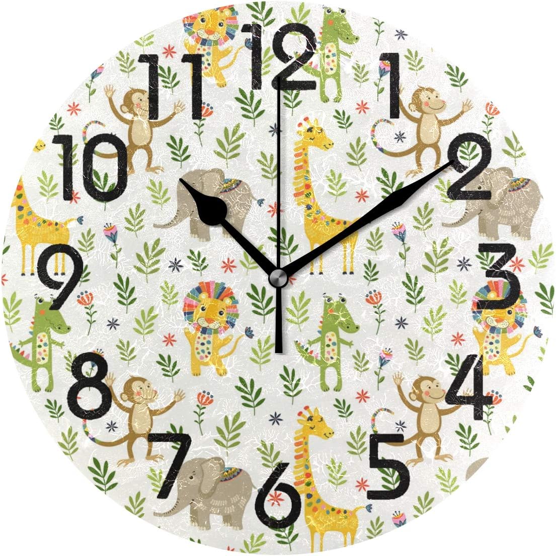 Naanle Cute Cartoon Animal Lion Giraffe Monkey and Crocodile Round Wall Clock, 9.5 Inch Battery Operated Quartz Analog Quiet Desk Clock for Home,Office,School