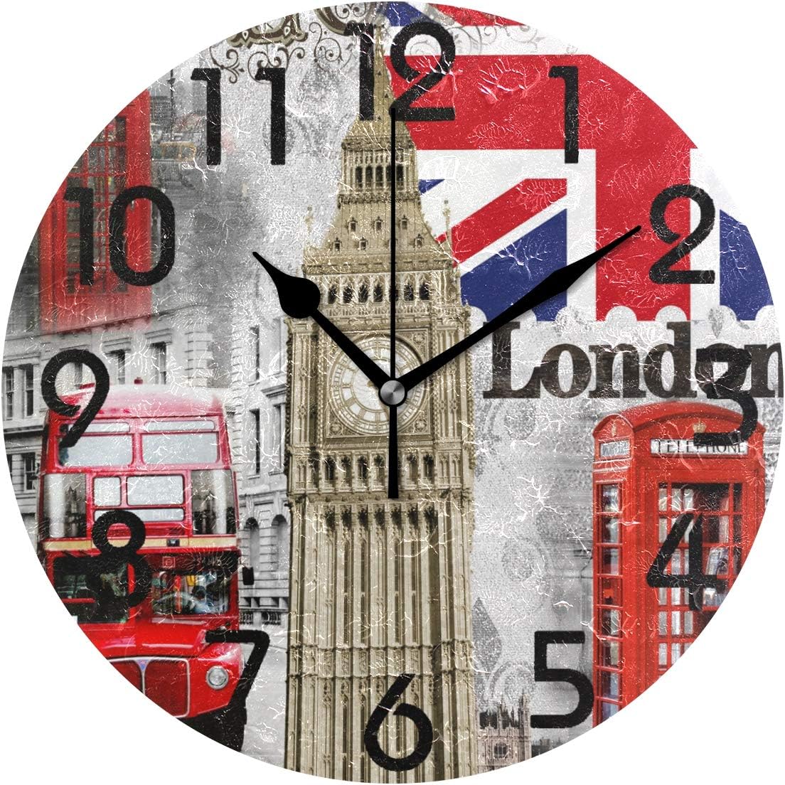 Naanle Stylish London Big Ben Bus Painting Art Print Round Pattern Round Wall Clock, 9.5 Inch Battery Operated Quartz Analog Quiet Desk Clock for Home,Office,School