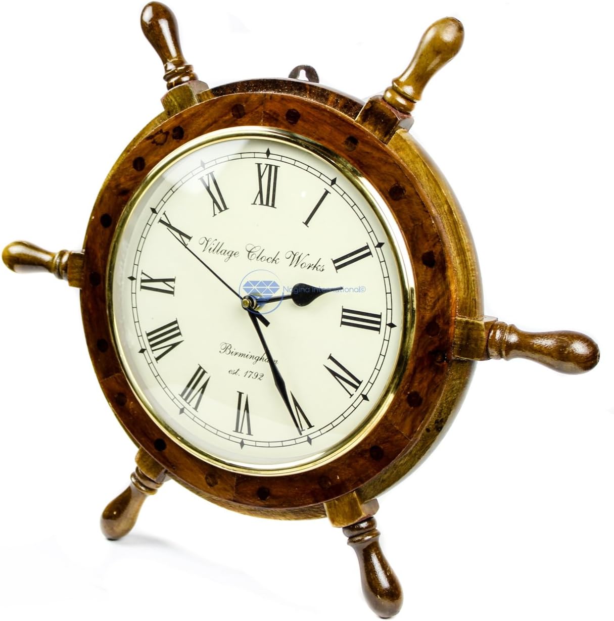 Nagina International 16" Handcrafted Nautical Ship Wheel with 8" Roman Numeral Dial Face Time's Clock | Maritime Wall Decor Clock