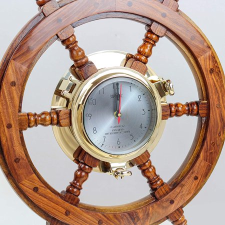 Nagina International 24 Premium Porthole Clock Ship Wheel with Solid Teak Finish - Captain Maritime Beach Home Decor Gift