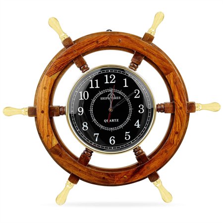 Nagina International 24 Wooden Ship Wheel Clock Boat Steering Wheel with Brass Handle Black Dial | Home Decor & Decorations | Pirate's Nursery Gift for Maritime