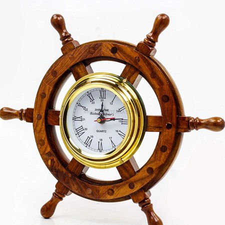 Nagina International, Deluxe Class Wood and Brass Ship Wheel Clock 12 - - Nautical Home Decorating