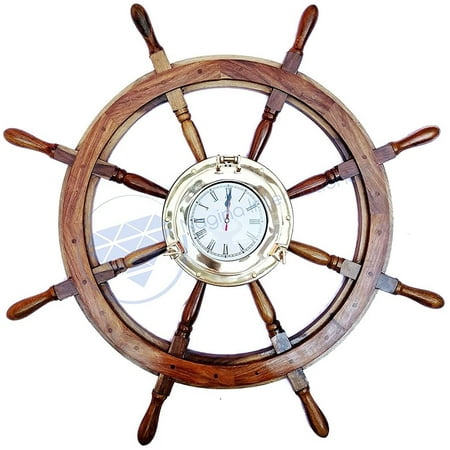 Nagina International Deluxe Nautical Porthole Clock MDF Hub Ship Wheel | Roman Numeral Dial | Handcrafted Decor | Pirates Wall Decor Gift (36 Inches)